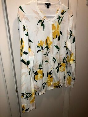 Ann Taylor Factory White Cardigan with Yellow Floral Print XL 100% Cotton